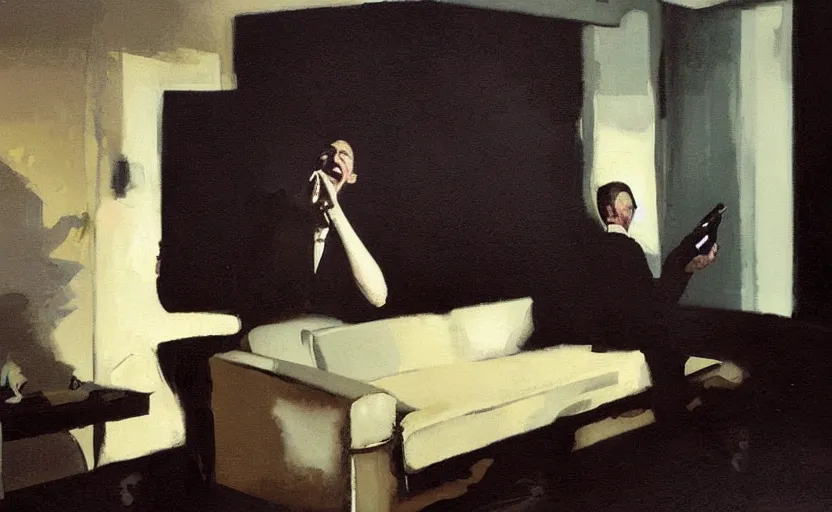 Prompt: a thin man screams at a telephone beside a sofa in a dark living room, painted by phil hale and rick berry and jeremy mann, highly detailed