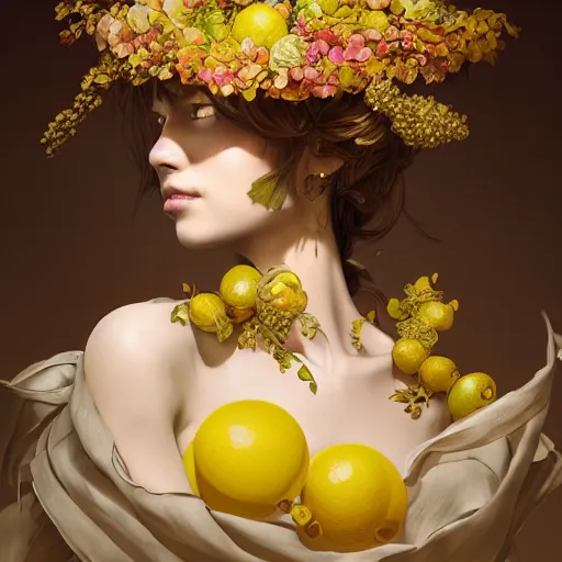 Image similar to the portrait of an absurdly beautiful, graceful, elegant, sophisticated, young girl made up of lemons, an ultrafine hyperdetailed illustration by kim jung gi, irakli nadar, intricate linework, bright colors, octopath traveler, final fantasy, unreal engine 5 highly rendered, global illumination, radiant light, detailed and intricate environment