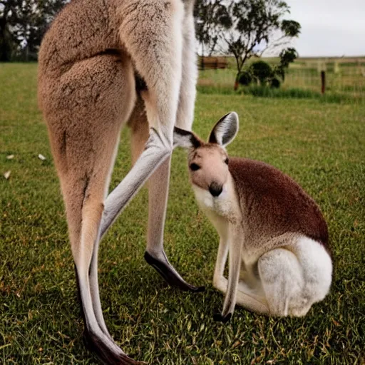 Image similar to a kangaroo and a very cute white rural dog photograph, high quality, award winning