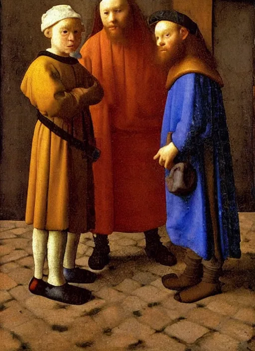 Image similar to Two little brothers meet a young man, medieval painting by Jan van Eyck, Johannes Vermeer, Florence
