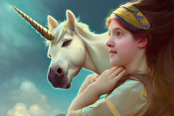 Image similar to little girl in pajamas riding a unicorn, realistic portrait, highly detailed, digital painting, artstation, concept art, smooth, sharp focus, illustration, cinematic lighting, art by artgerm and greg rutkowski and alphonse mucha