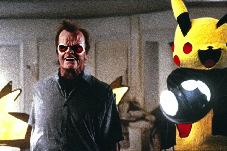 Prompt: Jack Nicholson in costume of Pikachu Terminator, scene where his endoskeleton gets exposed and his eye glows red, still from the film