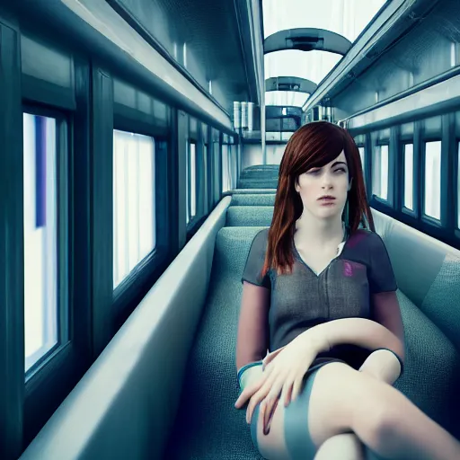 Prompt: passenger girl in interior the modern train, unreal 5, DAZ, hyperrealistic, octane render, cosplay, RPG portrait, volumetric lighting