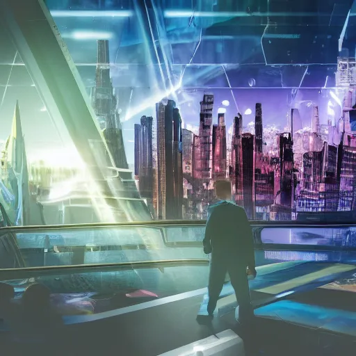 Image similar to large group of people, looking at hologram of futuristic city on a table, cinematic concept art, warehouse interior, godrays, golden hour, 4 k, clear details, tabletop model buildings, tabletop model, hologram center