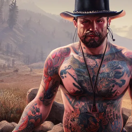 Image similar to highly detailed portrait of a tattooed gym bro in red dead redemption 2, stephen bliss, unreal engine, fantasy art by greg rutkowski, loish, rhads, ferdinand knab, makoto shinkai and lois van baarle, ilya kuvshinov, rossdraws, tom bagshaw, global illumination, radiant light, detailed and intricate environment