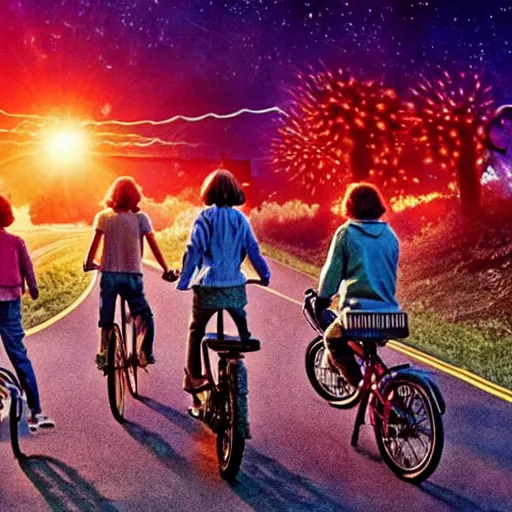 Prompt: stranger things four friends riding their bike encounter a demogorgon