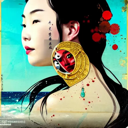 Prompt: portrait of chinese woman :: side profile :: in ocean :: clockwork details :: gold :: blood and horror :: by vikings and Sandra Chevrier