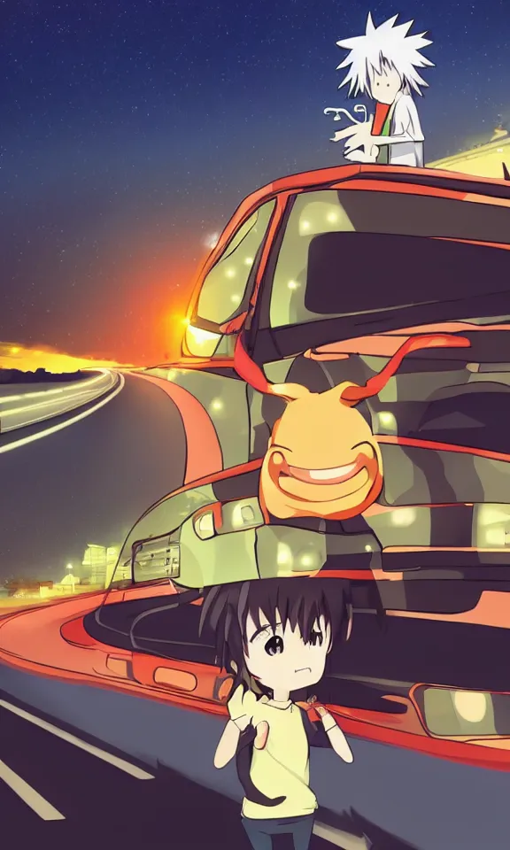 Image similar to a hitchhiker on a highway at night, anime style