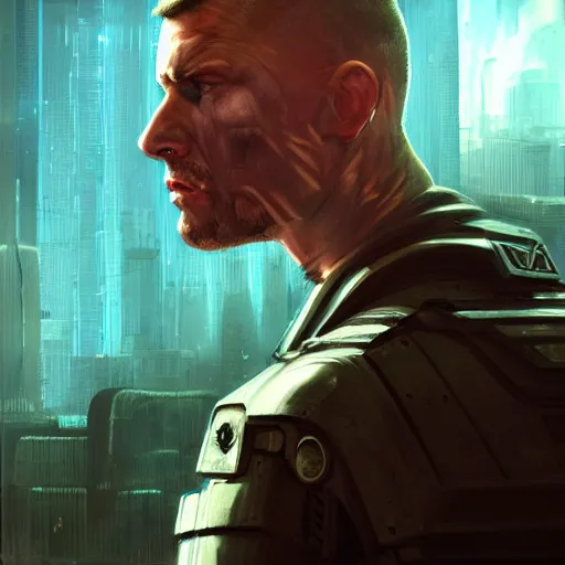 Image similar to cyberpunk, armitage, closeup portrait of a stoic ex soldier with a battlescar and light blue eyes, brown buzzcut, cyborg, dramatic light, city background, sunset, dystopian setting, high contrast, sharp, neuromancer, painted by stanley lau, painted by greg rutkowski, painted by stanley artgerm, digital art, trending on artstation