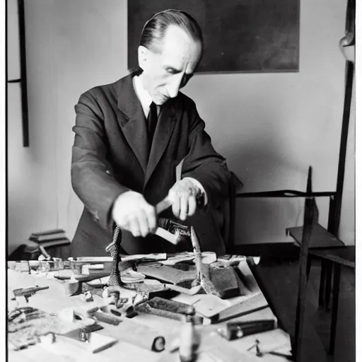 Prompt: a long exposure shot of Marcel Duchamp working on a readymade object, archival pigment print