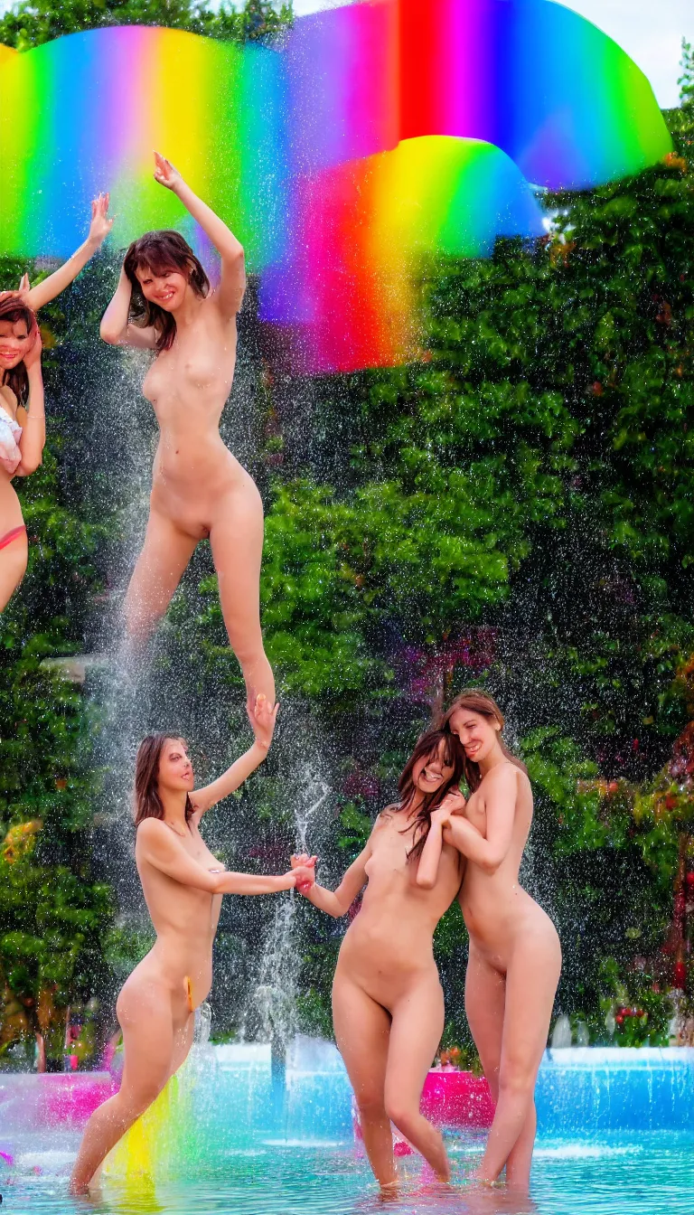 Image similar to 2 Beautiful women under the rainbow fountain, very beautiful, attractive, 4k,