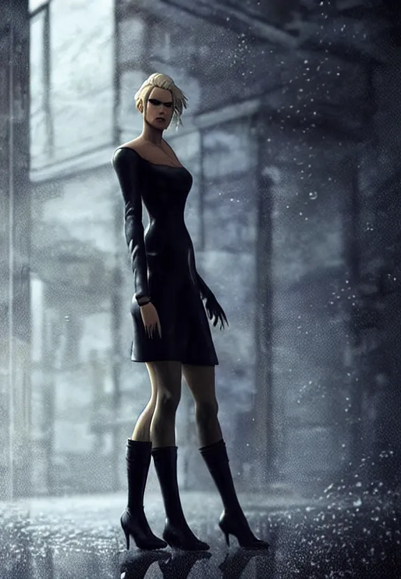 Prompt: cosmopolitan model annie leonhart posing with open toe heels in dunwall city, beautiful face, detailed face, realistic eyes, cinematic lighting, rainy weather, melancholy atmosphere, volumetric light, octane render, gothic architecture, realistic reflections, model agency, instagram photo, depression and despair