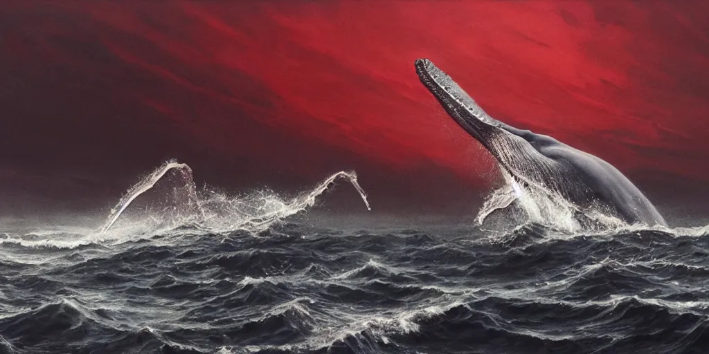 Prompt: a whale bleeding on the ocean near to a fishing vessel, water color, smooth effect, hyper detailed, dark art, horror art, digital art, octane render, realistic painting, high angle, volumetric light, part by beksinski, zdzisław part by carl gustav carus with red blood brushstrokes by swanland raymond.