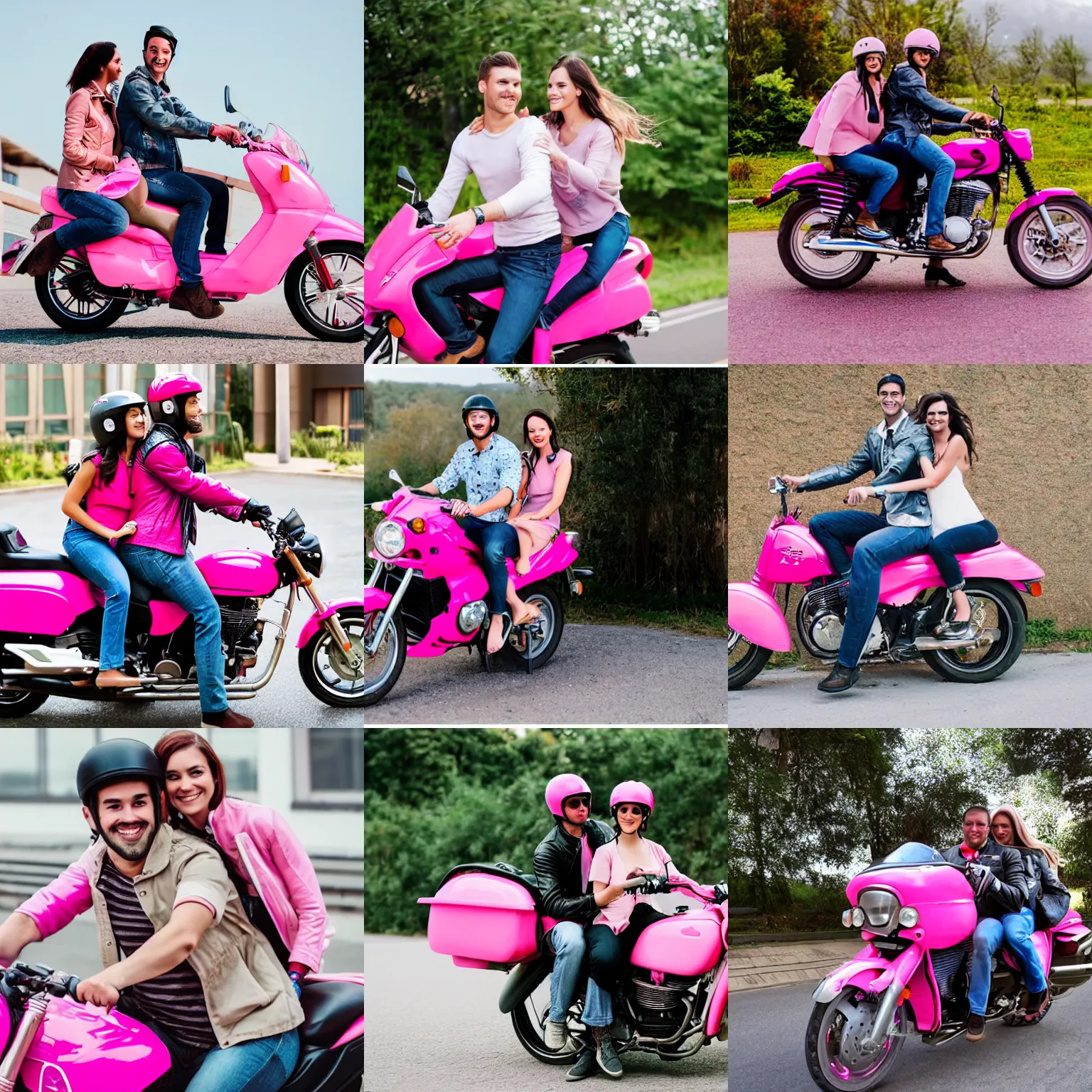 Prompt: Couple riding on a pink motorcycle