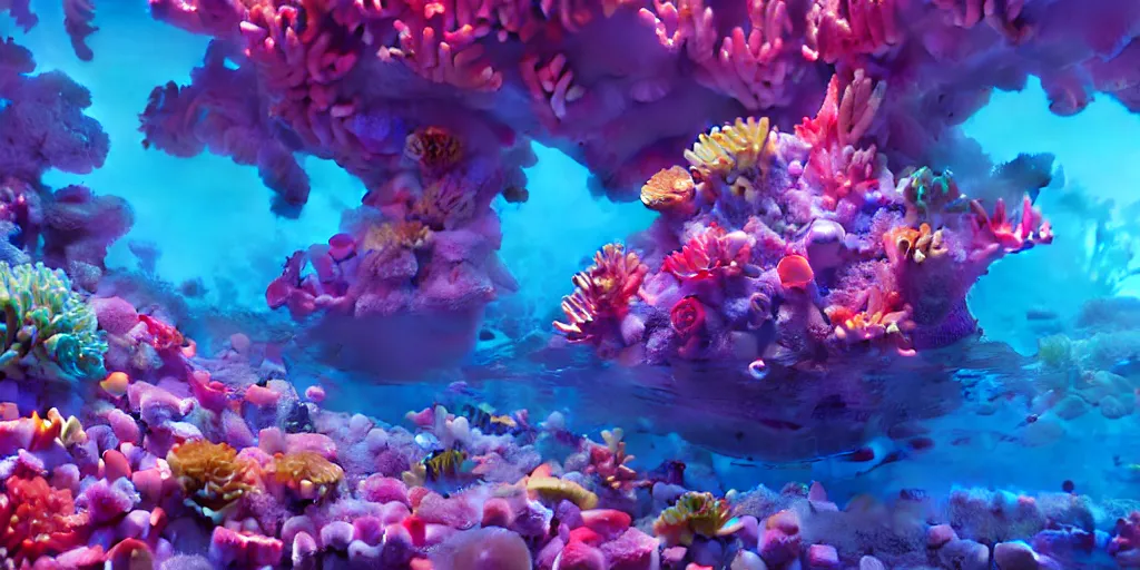 Image similar to majestic neon glowing coral reef, masterpiece painting by fabian jimenez and Jonathan solter, hyper realism, octane render