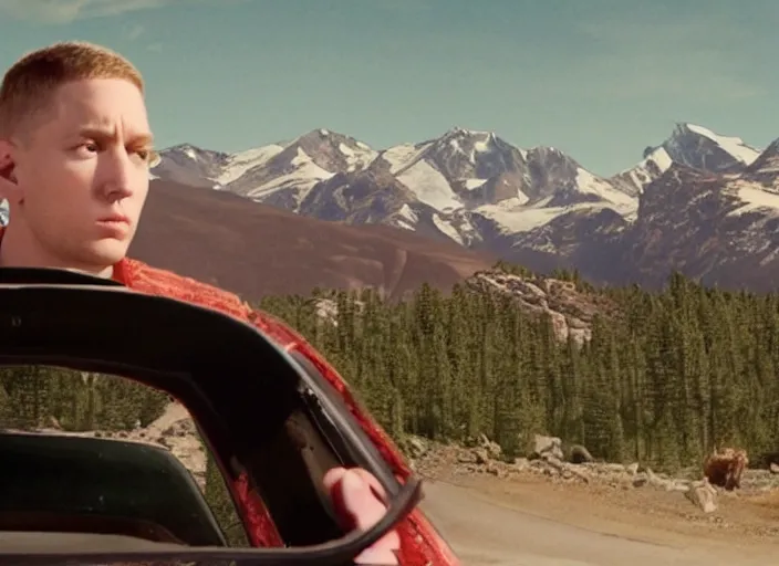 Image similar to a very high resolution image from a new movie, eminem driving a car. mountains, directed by wes anderson