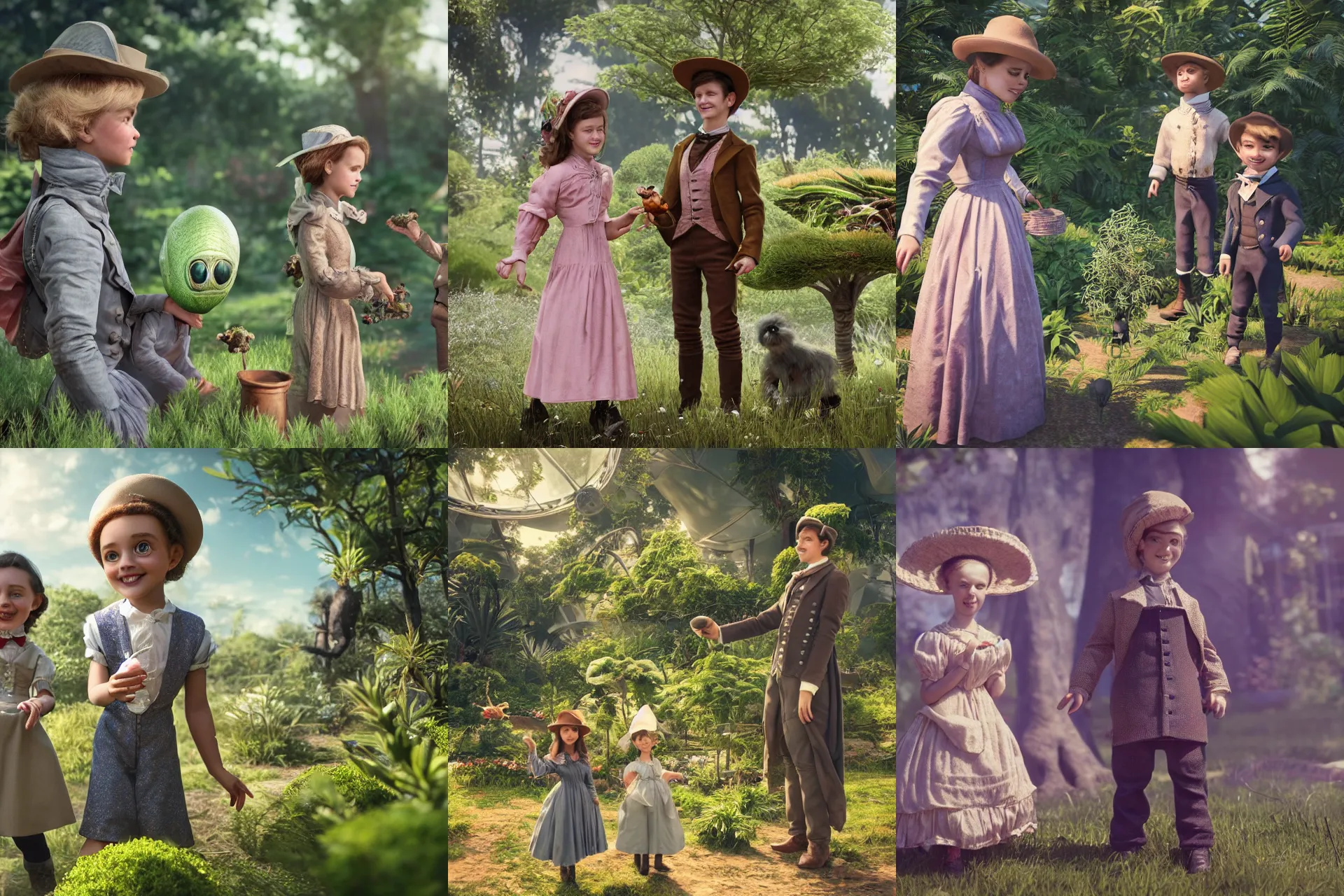 Prompt: a girl and a boy standing next to some alien plants, looking happy, wearing 1850s era clothes, they are playing with their small pet alien creature, in a park on a alien planet, extremely high details, ultra realistic facial details, in focus faces, ultra photorealistic raytracing, octane render, 8k