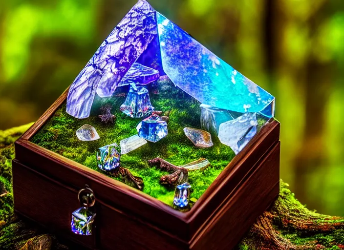 Prompt: photo of a crystal box with a magical kingdom inside, in the forest. Fantasy magic style. Highly detailed 8k. Intricate. Nikon d850 55mm. Award winning photography.