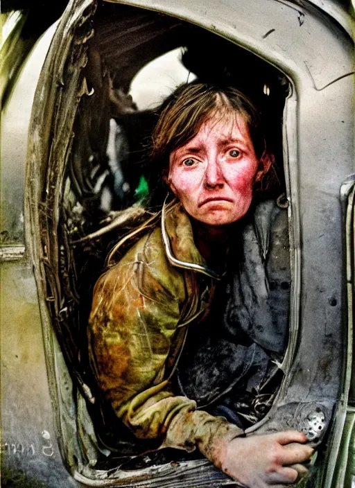 Prompt: hyper detailed bright photograph of a tired delivery girl by don mccullin, color, dslr