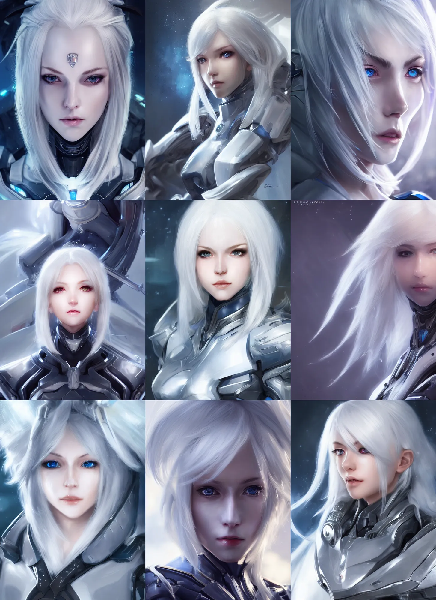 Prompt: detailed portrait of perfect white haired girl, android, warframe armor, beautiful, pretty face, blue cyborg eyes, innocent, scifi, 4 k, sun yunjoo, ultra realistic, aura of light, cinematic lighting, highly detailed, sharp focus, artstation, masterpiece, art by hyungjin yang and akihiko yoshida