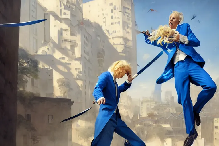 Image similar to a blond man in a blue suit attacked by flying swords, organic painting, sunny day, matte painting, bold shapes, hard edges, street art, trending on artstation, by huang guangjian, gil elvgren, ruan jia, randy vargas, greg rutkowski