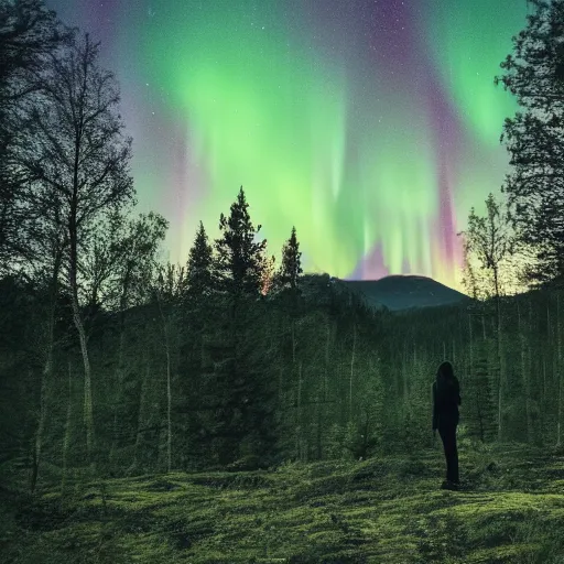 Prompt: a woman standing to the right in frame, in a forest clearing on a small hill, looking towards a big glowing green hollywood sign that sits on top of a hill in the distant background, swedish northern forest, aurora borealis, backlit, hasselblad, 4 k, cinematic