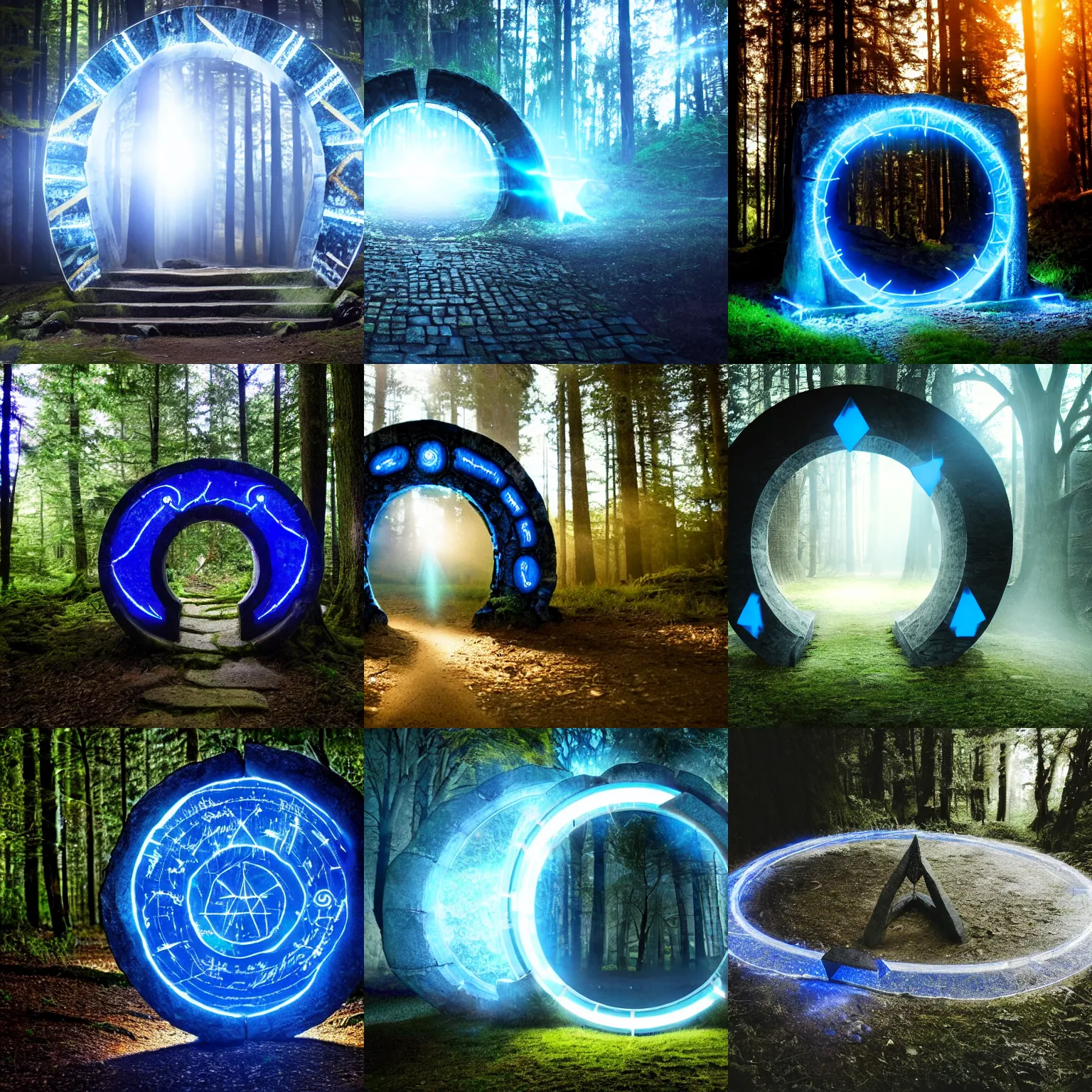 Prompt: a stargate made of stone with embedded blue glowing runes placed in the middle of a forest, with a ray of light in the background, cinematic lightning