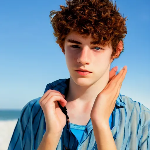 Image similar to beautiful teenage boy with pale skin amd natural hair is looking for something in the sand on the beach. Blue sky. Detailed face. Photo 8K.