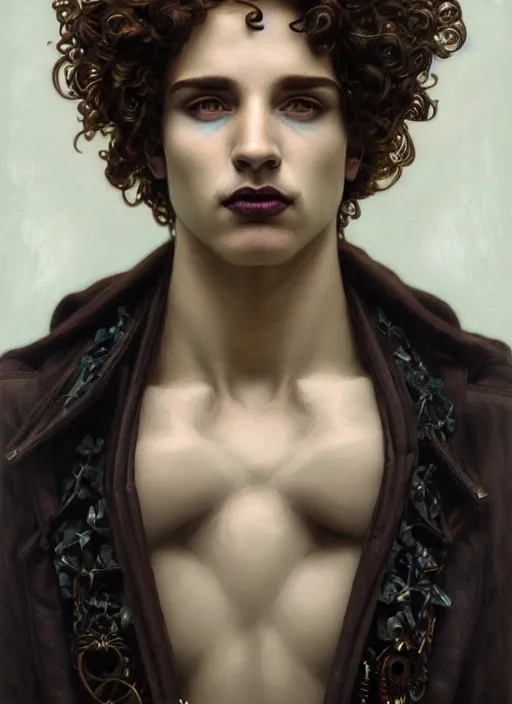 Image similar to the god hermes, young man, curly hair, glowing eyes, volumetric lights, cyan and white scheme, art nouveau botanicals, gothic, intricate, highly detailed, digital painting, artstation, concept art, smooth, sharp focus, symmetric face, illustration, steampunk, art by artgerm and greg rutkowski and alphonse mucha