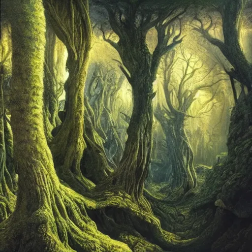 Image similar to a beautiful and highly detailed oil painting of a secret valley deep in the mountains, ancient trees, wooden structures, intricate details, epic scale, insanely complex, 8 k, sharp focus, hyper realism, fantasy landscape, psychedelic, by caspar friedrich and brian froud,