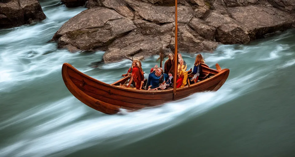 Image similar to fast viking ship sailing down a river, f / 2. 8, motion blur