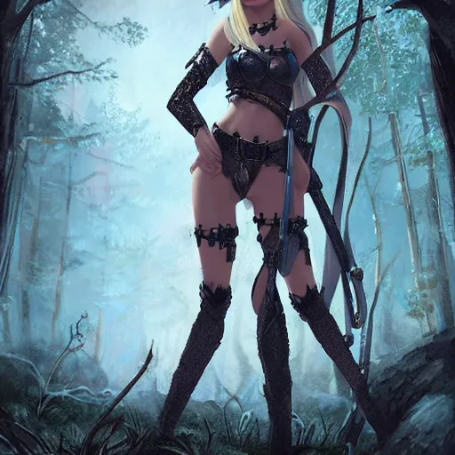 Prompt: a female elf wearing a chainmail bikini in the forest, digital art, illustration painting, atmospheric, highly detailed