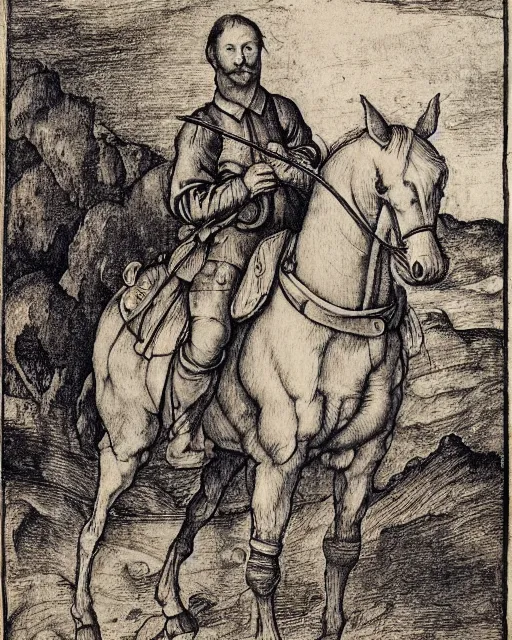 Image similar to man on horse, in the style of albrecht durer,