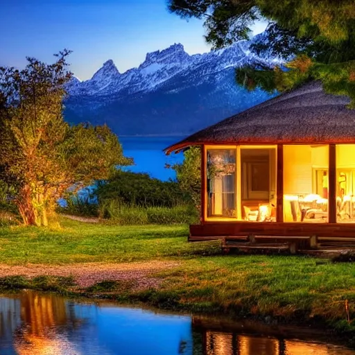 Prompt: A cottage with a big picture window light up by a lake Surrounded by trees and mountains in the background and beach chairs and trees in the foreground at night