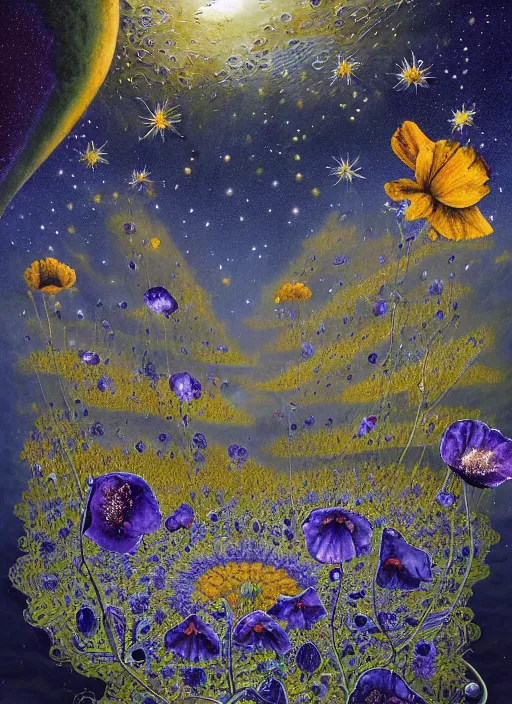 Image similar to detailed, intricate blue black and purple papaverum flower on the field, nebula, galaxy in the sky, winning award masterpiece, fantastically beautiful, illustration, aestheticly inspired, jacek yerka, upscale with anguissola sofonisba work, artstation, 8 k