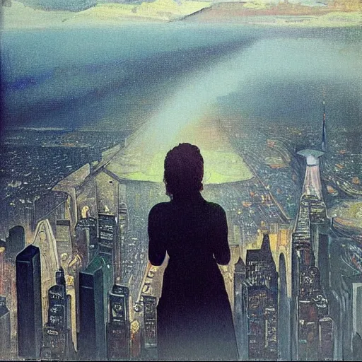 Prompt: “ a girl standing on a ledge looking down at a futuristic new york city below, ghostpunk, fog, storm clouds, rain, detailed face, oil painting, by alphonse mucha ”