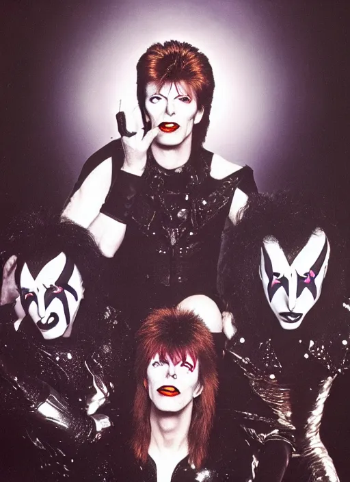 Image similar to what if david bowie was the lead singer of the band kiss, realistic, photograph, high definition, 4 k, soft lighting