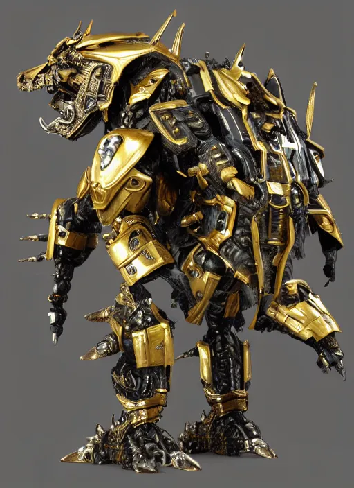 Image similar to hyper realistic glorious ancient wargreymon in a obsidian metal armor, futuristic design, designed by makoto kobayashi and luca zampriolo, portrait, cyberpunk style, wood and gold details, intricate, extremely detailed, ornate, deep of field, hard surface, exoskeleton, substance designer metal unreal engine. human proportion.