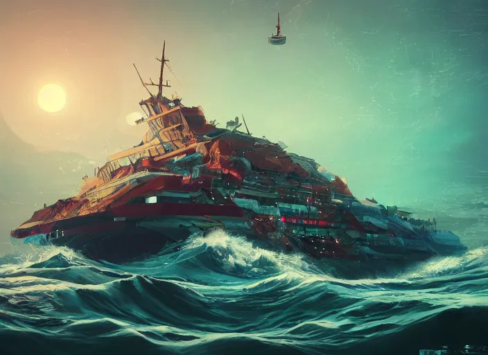 Image similar to ship falling into a whirlpool, intricate abstract. delicate artwork. by Tooth Wu, wlop, beeple, dan mumford. octane render, trending on artstation, greg rutkowski very coherent symmetrical artwork. cinematic, hyper realism, high detail, octane render, 8k, depth of field, bokeh. chrome accents.