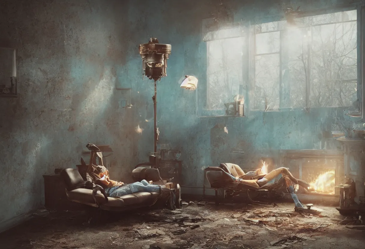 Prompt: intimate photograph of one single lone solitary cerulean and brown decaying futuristic robot lying on a frayed fainting couch in front of a beautiful fireplace with a cozy fire, in a dusty Victorian home, soft morning light seeping in a window, with cinematic lighting and lens flare, tall ceiling, octane render, cgsociety, by Simon Stalenhag and Alfonso Cuaron, highly detailed closeup portrait, award-winning highly detailed 8k anamorphic closeup tight cinematic movie photograph