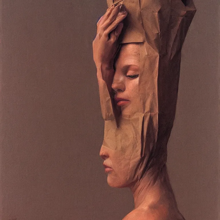 Image similar to woman portrait with a paper bag over the head, highly detailed, artstation, art by zdislav beksinski, wayne barlowe, edward hopper