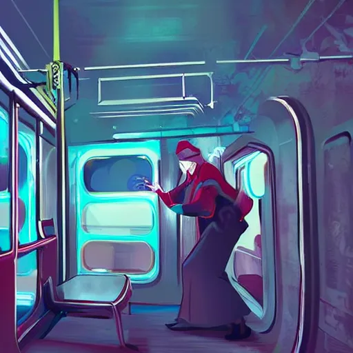 Image similar to fight between grandmas in the train moscow-ryazan, cyberpunk, neon, concept art