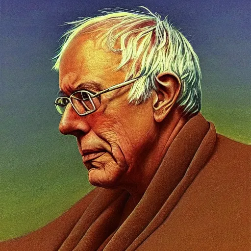 Image similar to a coherent award - winning beautiful!!! portrait of a calm bernie sanders!, sitting on a beautiful hill, painted by zdzislaw beksinski