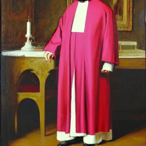 Prompt: oil painting of archbishop peter A comensoli, wearing a fuscia cassock and white rochet, standing in a 19th century study, in the style of paul newton