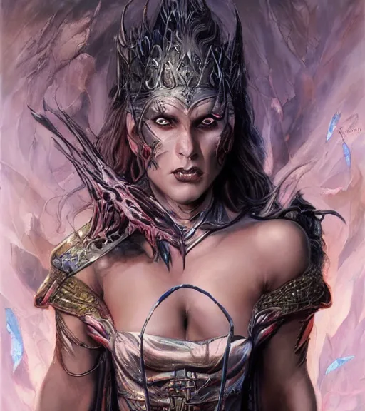 Image similar to a evil female half - orc sorceress, art by karol bak and mark brooks and artgerm, centered, trending on artstation