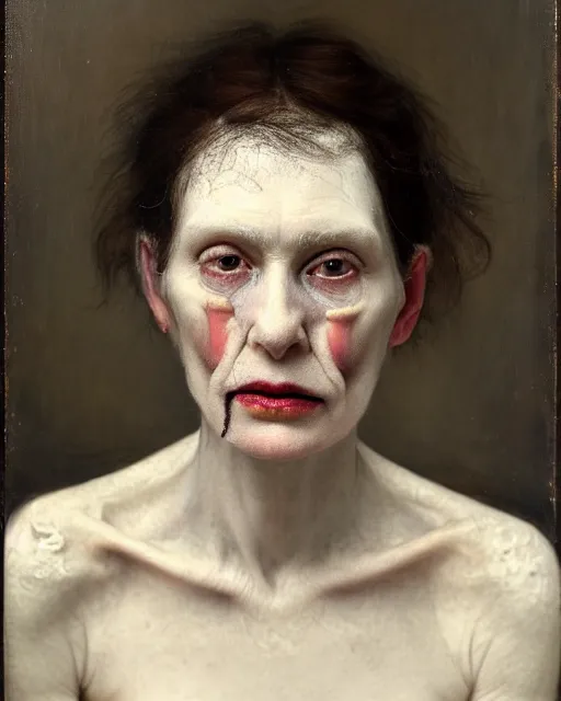Image similar to a close up portrait a very ordinary underweight middle - aged woman with an blank expression, by joel peter witkin and sarah moon, very pale translucent skin, very blurry, foggy, oil painting, photorealistic, anatomically correct, beautiful perfect face, visible brushstrokes, sharp focus, highly detailed, cinematic lighting, 8 k, hd
