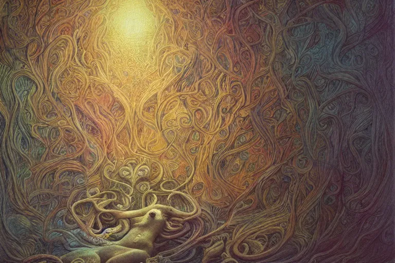 Prompt: a ultradetailed beautiful panting of dreaming art by marlina vera style, digital painting, artstation, concept art by beksinski and jean delville, smooth, sharp focus, illustration, cinematic lighting, matte painting, detailed cosmological worlds filled with allegorical and contemporary imagery, neoplasticism art, doodle hand drawn, art by william morris