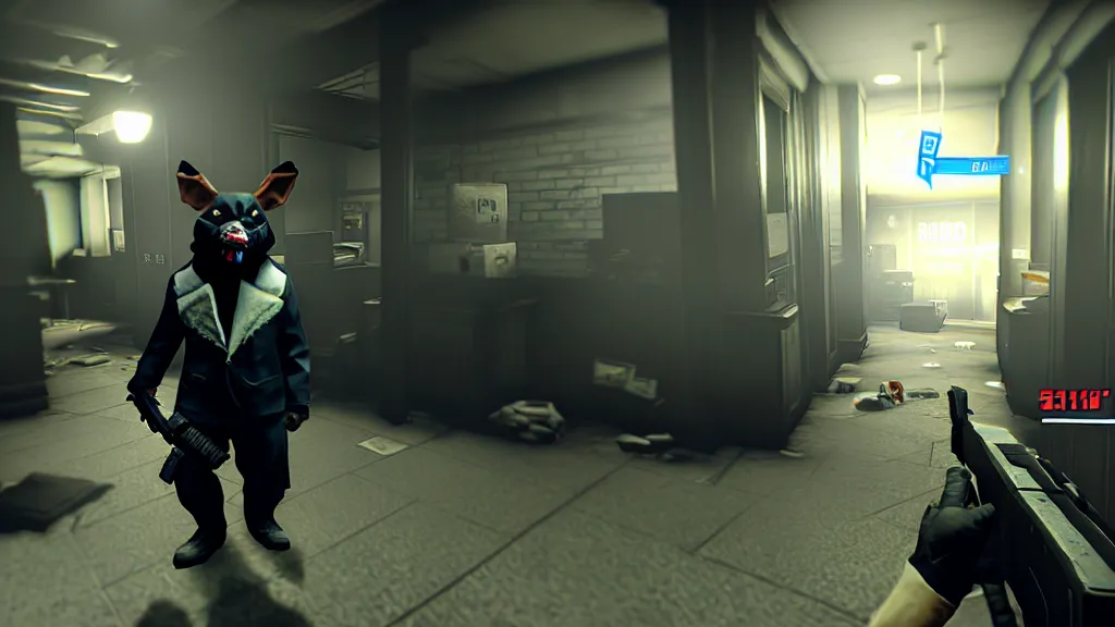 Image similar to Screenshot from the PC game Payday 2 demonstrating the fursuit unlock