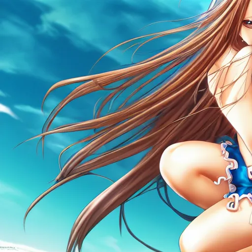 Image similar to a very beautiful young yuuki asuna,, full body, long wavy hair, sky blue eyes, full round face, bikini, miniskirt,, cinematic wallpaper by yusuke murata