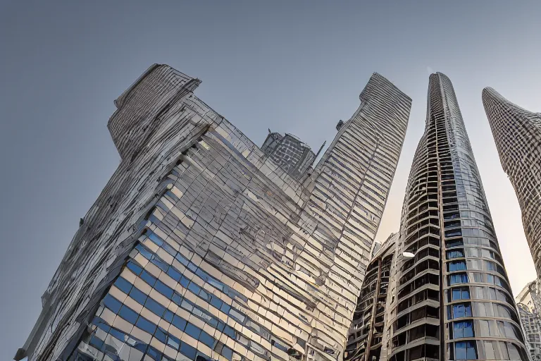 Prompt: the first 1 mile tall building in sunset, portrait format, 18mm lens, architectural photography